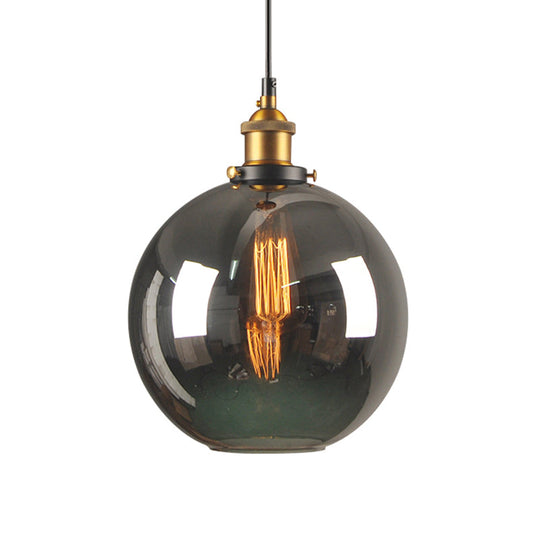 Retro Style Smoky Grey Glass Pendant Lamp - Brass Finish, Bedside Ceiling Hanging Light