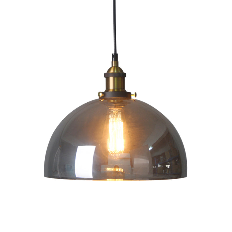 Retro Style Smoky Grey Glass Pendant Lamp - Brass Finish, Bedside Ceiling Hanging Light