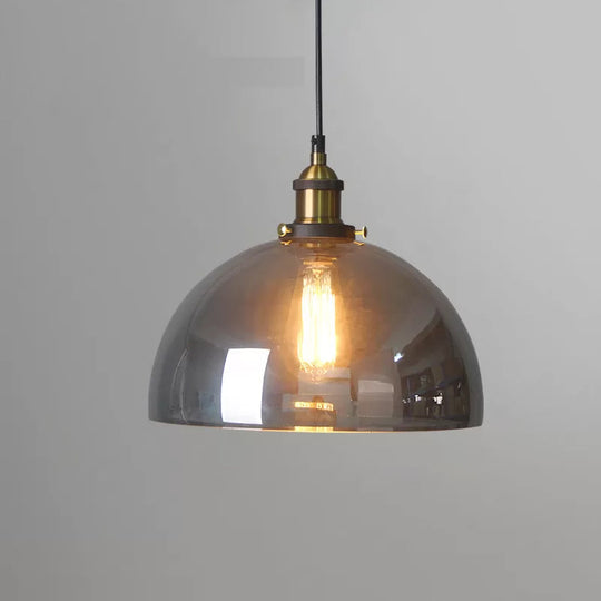 Retro Style Smoky Grey Glass Pendant Lamp - Brass Finish, Bedside Ceiling Hanging Light