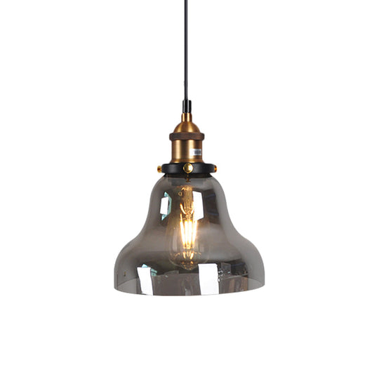 Retro Style Smoky Grey Glass Pendant Lamp - Brass Finish, Bedside Ceiling Hanging Light