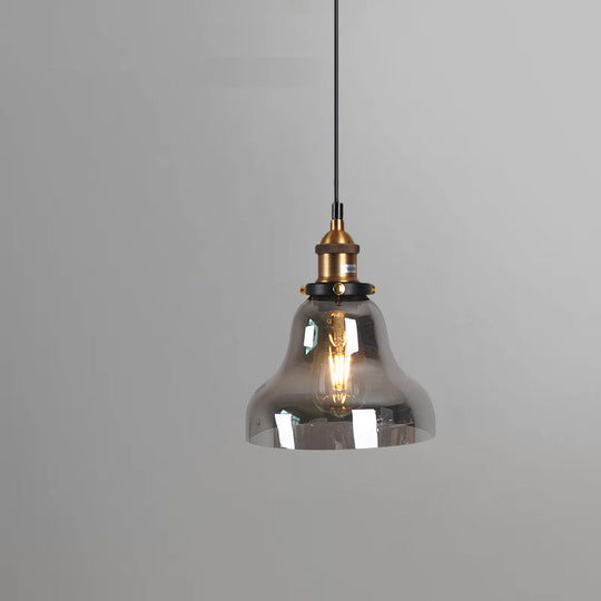 Retro Style Smoky Grey Glass Pendant Lamp - Brass Finish, Bedside Ceiling Hanging Light