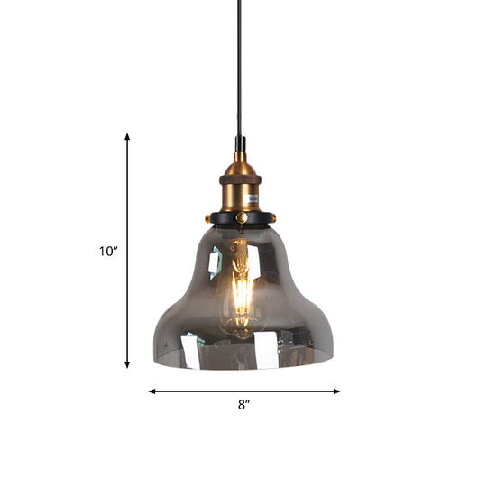 Retro Style Smoky Grey Glass Pendant Lamp - Brass Finish, Bedside Ceiling Hanging Light