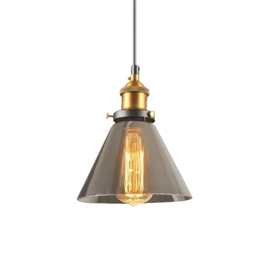 Retro Style Smoky Grey Glass Pendant Lamp - Brass Finish, Bedside Ceiling Hanging Light