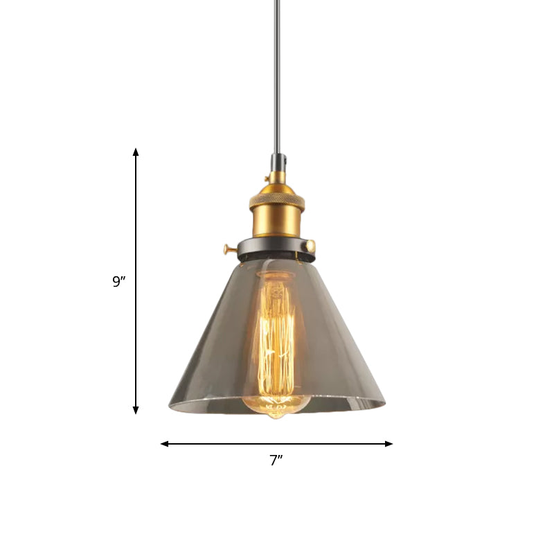 Retro Style Smoky Grey Glass Pendant Lamp - Brass Finish, Bedside Ceiling Hanging Light