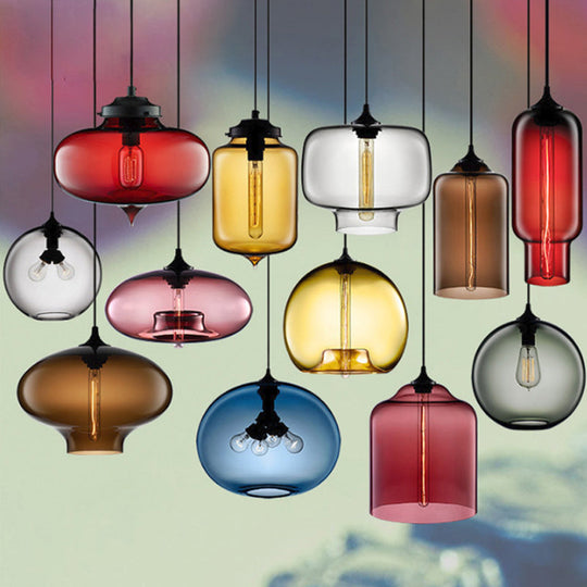 Industrial Clear/Blue/Amber Glass Pendant Lamp For Restaurant - 1 Bulb Cylindrical Hanging Light