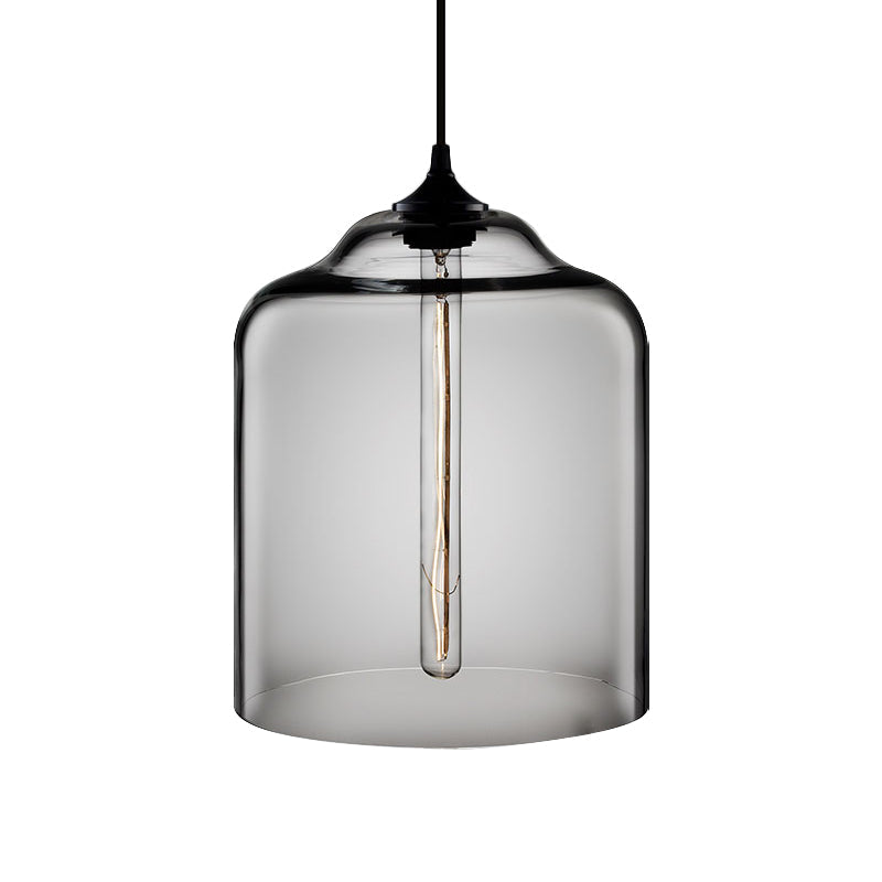 Industrial Clear/Blue/Amber Glass Pendant Lamp For Restaurant - 1 Bulb Cylindrical Hanging Light