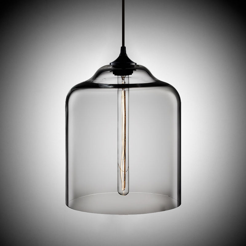 Industrial Clear/Blue/Amber Glass Pendant Lamp For Restaurant - 1 Bulb Cylindrical Hanging Light