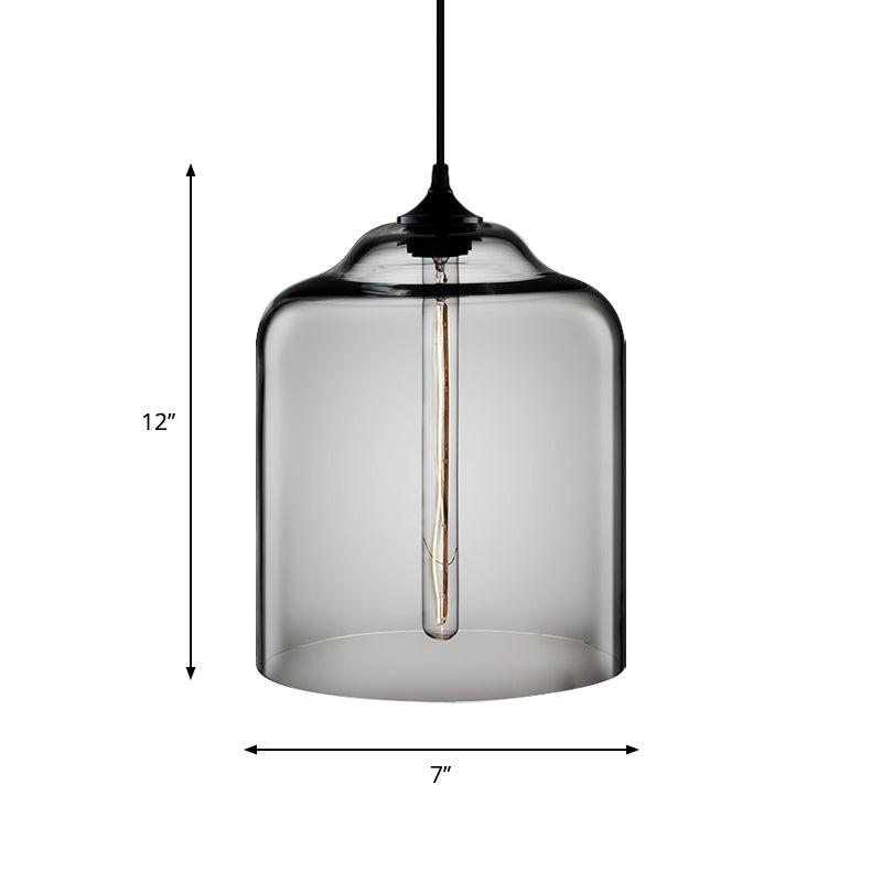 Industrial Clear/Blue/Amber Glass Pendant Lamp For Restaurant - 1 Bulb Cylindrical Hanging Light