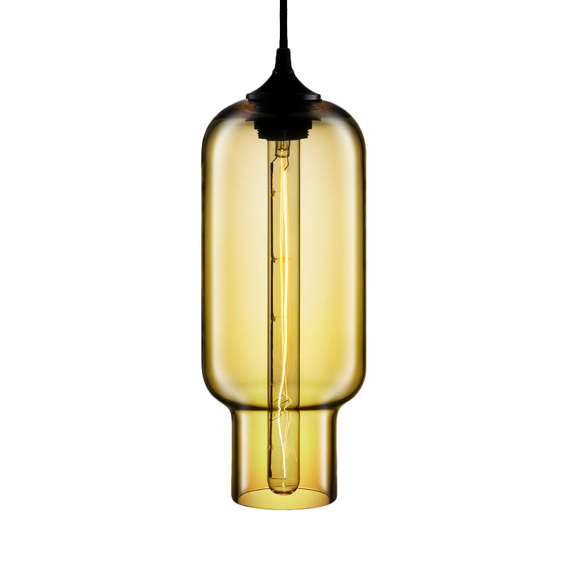 Industrial Clear/Blue/Amber Glass Pendant Lamp For Restaurant - 1 Bulb Cylindrical Hanging Light