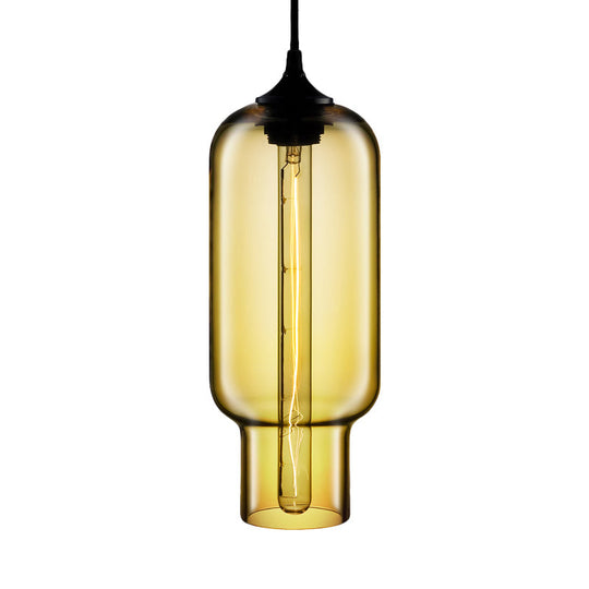 Industrial Clear/Blue/Amber Glass Pendant Lamp For Restaurant - 1 Bulb Cylindrical Hanging Light