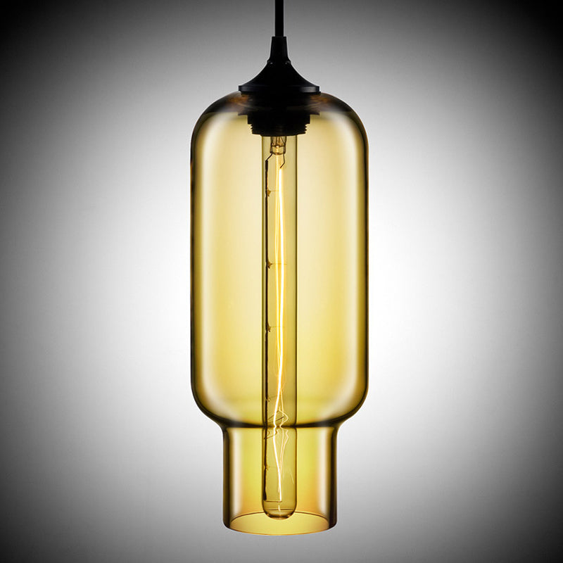 Cylindrical Industrial Pendant Lamp with Clear/Blue/Amber Glass for Restaurants