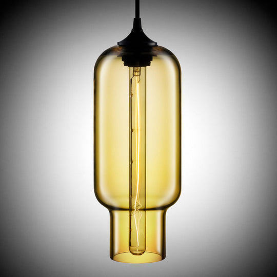 Industrial Clear/Blue/Amber Glass Pendant Lamp For Restaurant - 1 Bulb Cylindrical Hanging Light