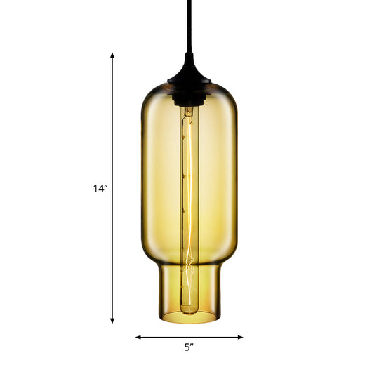 Industrial Clear/Blue/Amber Glass Pendant Lamp For Restaurant - 1 Bulb Cylindrical Hanging Light