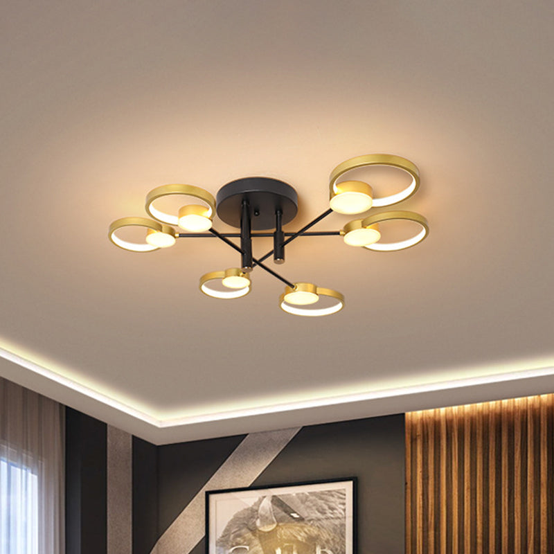 Contemporary Gold Semi Flush Mount Chandelier with Warm/White Light - 4/6 Bulb Metal Ceiling Lamp