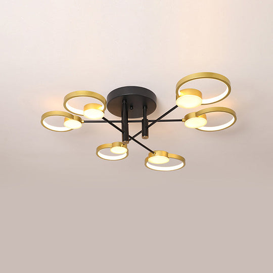 Contemporary Gold Semi Flush Mount Chandelier with Warm/White Light - 4/6 Bulb Metal Ceiling Lamp