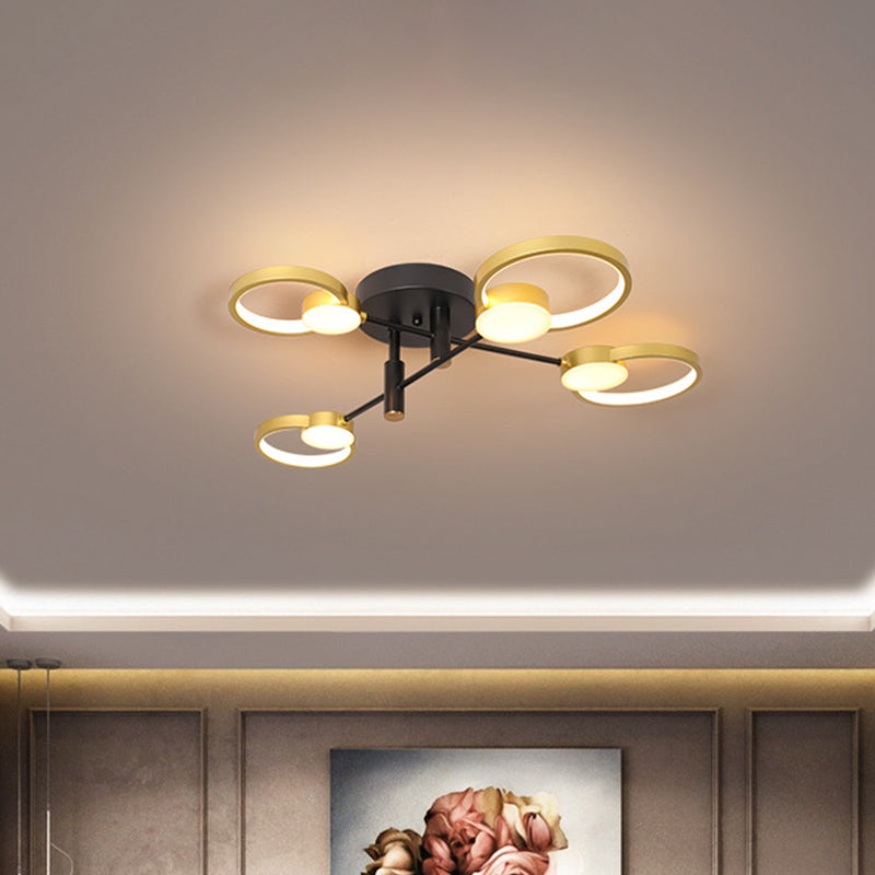 Contemporary Gold Semi Flush Mount Chandelier with Warm/White Light - 4/6 Bulb Metal Ceiling Lamp