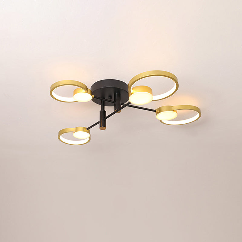 Contemporary Gold Semi Flush Mount Chandelier with Warm/White Light - 4/6 Bulb Metal Ceiling Lamp