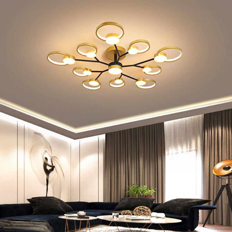 Modern Branched Semi Flush Ceiling Light In Black/Gold 6/9 Lights Warm/White 9 / Gold White