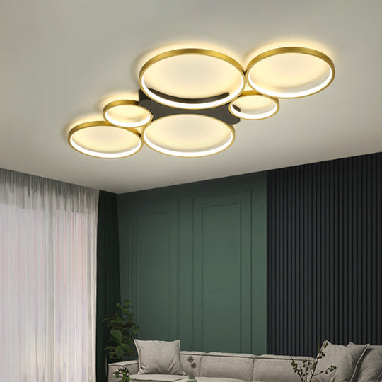 Circular/Square Metal Flush Mount Ceiling Lamp with 6 Contemporary Lights in Black/Gold and Warm/White