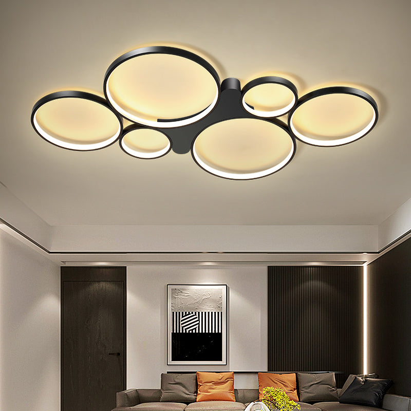 Circular/Square Metal Flush Mount Ceiling Lamp with 6 Contemporary Lights in Black/Gold and Warm/White