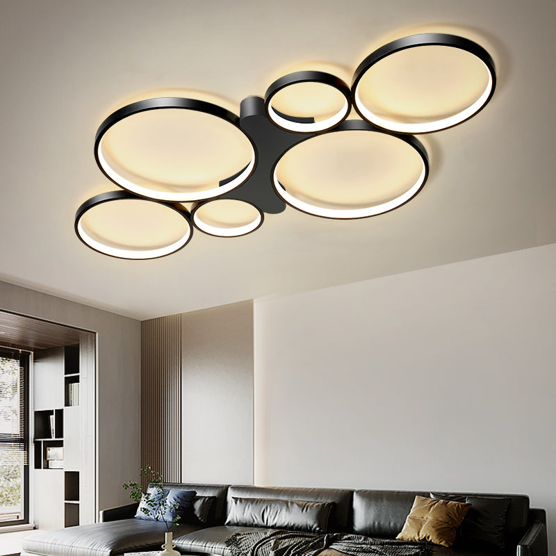 Circular/Square Metal Flush Mount Ceiling Lamp with 6 Contemporary Lights in Black/Gold and Warm/White