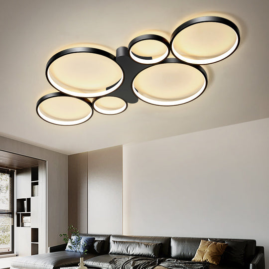 Circular/Square Metal Flush Mount Ceiling Lamp with 6 Contemporary Lights in Black/Gold and Warm/White