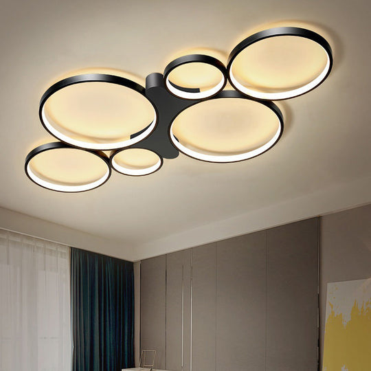 Circular/Square Metal Flush Mount Ceiling Lamp with 6 Contemporary Lights in Black/Gold and Warm/White