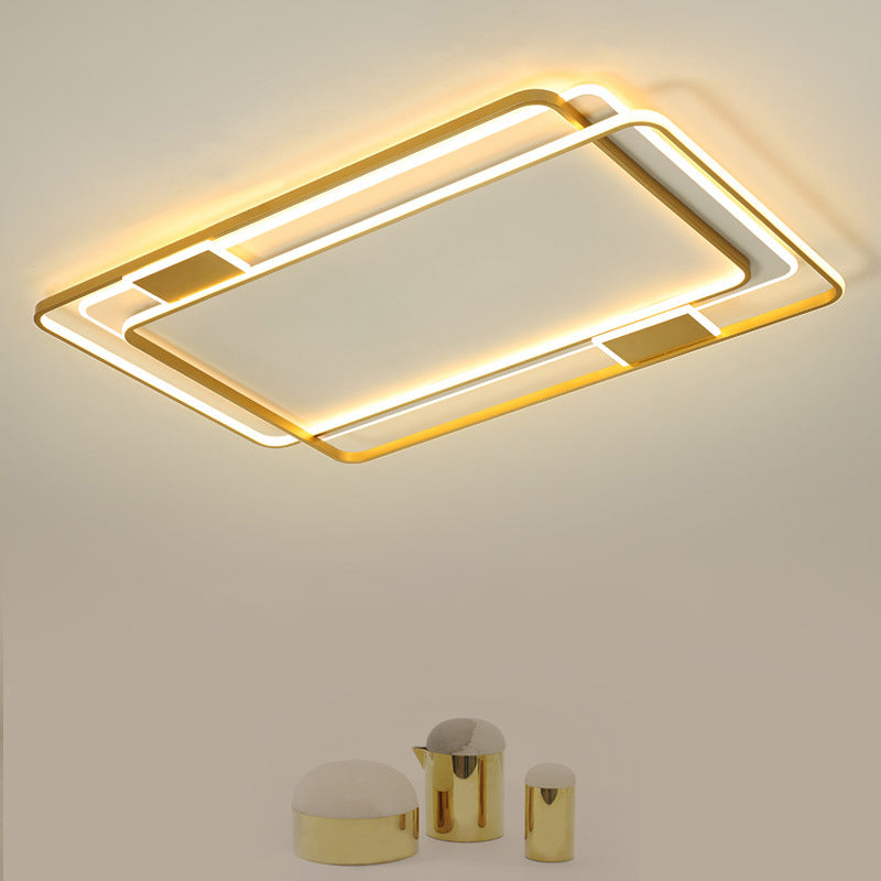 Minimalist LED Ceiling Lamp in Gold: Double Square/Rectangle Flush Mount | Warm & White Light