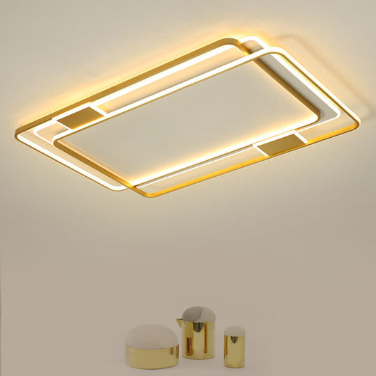 Minimalist LED Ceiling Lamp in Gold: Double Square/Rectangle Flush Mount | Warm & White Light