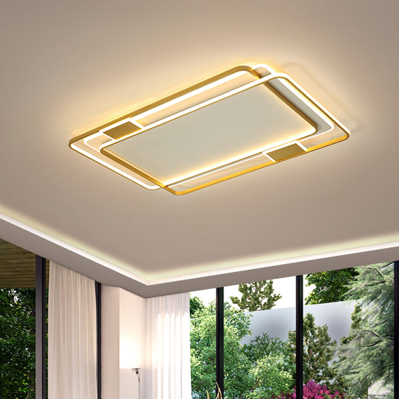 Minimalist LED Ceiling Lamp in Gold: Double Square/Rectangle Flush Mount | Warm & White Light