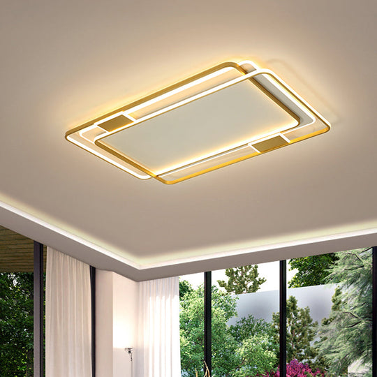 Minimalist LED Ceiling Lamp in Gold: Double Square/Rectangle Flush Mount | Warm & White Light