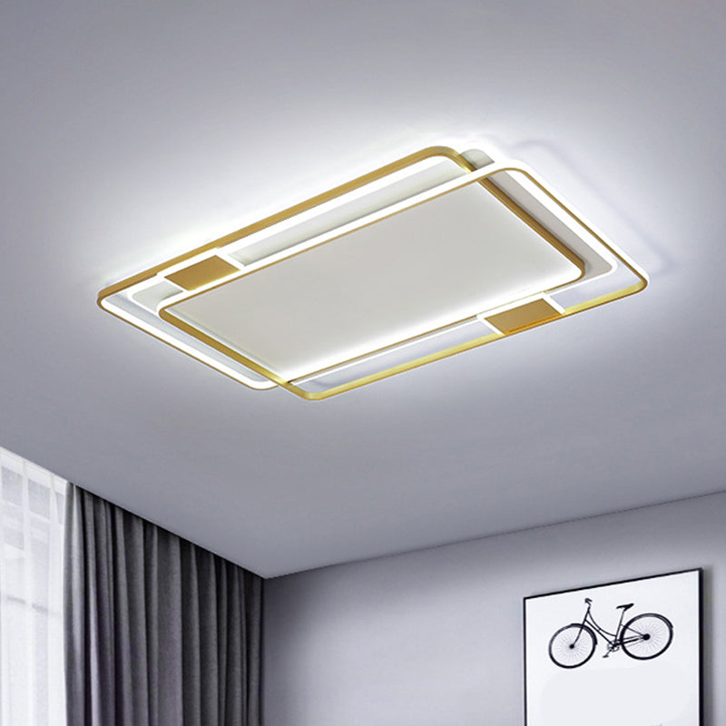 Minimalist LED Ceiling Lamp in Gold: Double Square/Rectangle Flush Mount | Warm & White Light