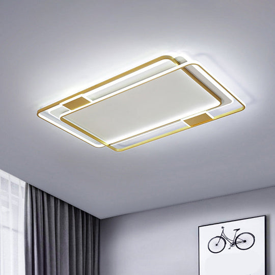 Minimalist Led Ceiling Lamp In Gold: Double Square/Rectangle Flush Mount | Warm & White Light