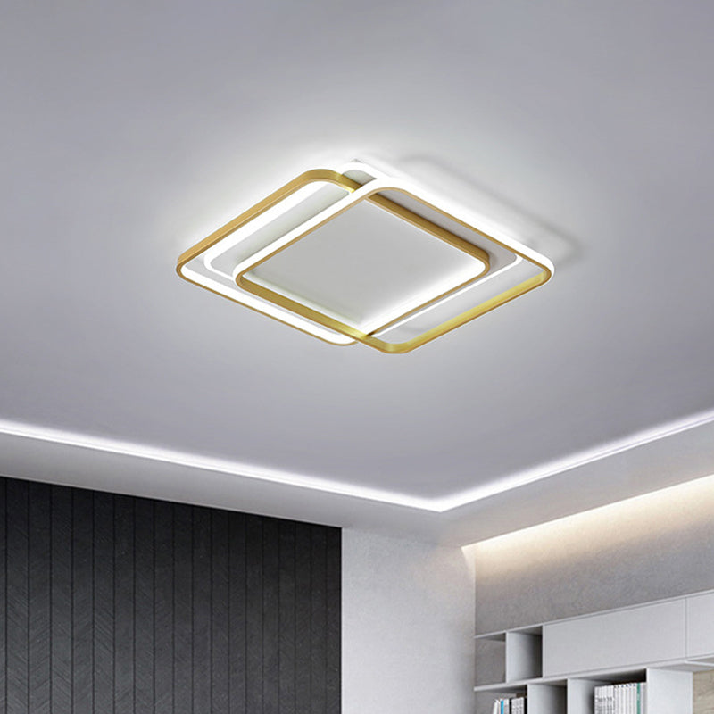 Minimalist LED Ceiling Lamp in Gold: Double Square/Rectangle Flush Mount | Warm & White Light