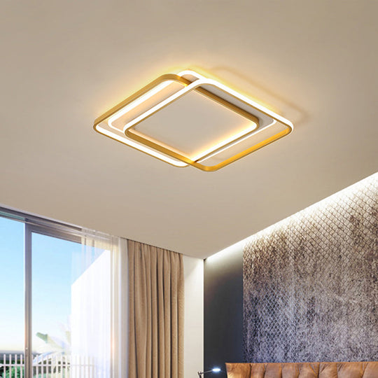 Minimalist LED Ceiling Lamp in Gold: Double Square/Rectangle Flush Mount | Warm & White Light