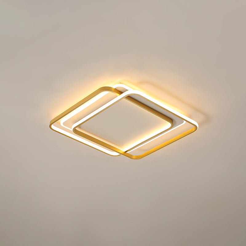 Minimalist LED Ceiling Lamp in Gold: Double Square/Rectangle Flush Mount | Warm & White Light