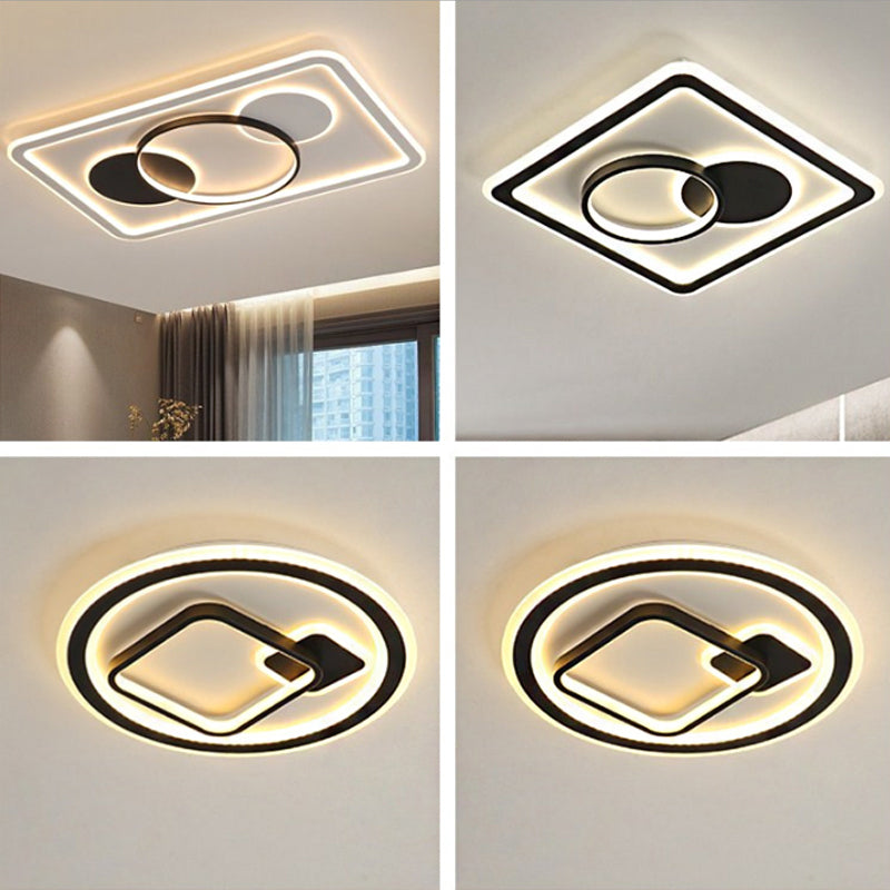 Modern Led Flush Mount Lamp In Black - Round/Square Hotel Ceiling Fixture Aluminum Design With