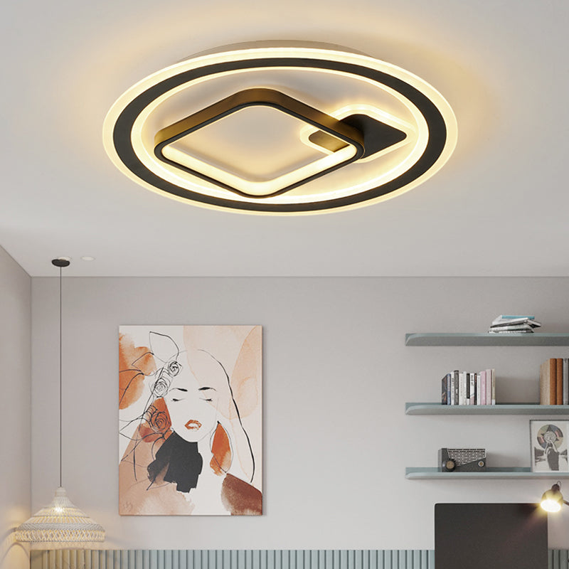 Modern Led Flush Mount Lamp In Black - Round/Square Hotel Ceiling Fixture Aluminum Design With