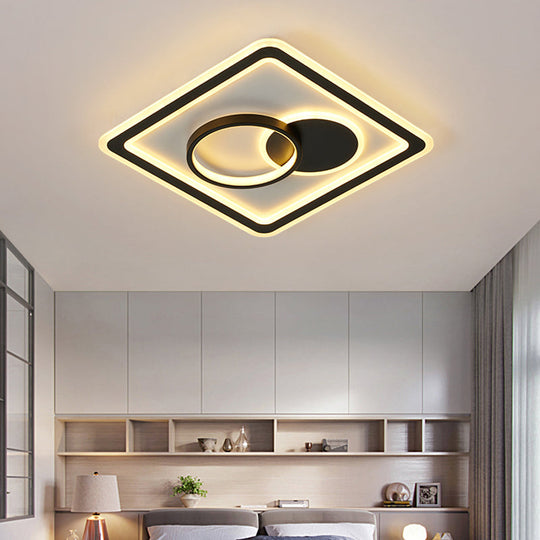 Modern Led Flush Mount Lamp In Black - Round/Square Hotel Ceiling Fixture Aluminum Design With