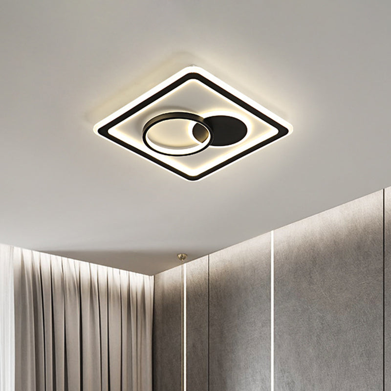 Modern Led Flush Mount Lamp In Black - Round/Square Hotel Ceiling Fixture Aluminum Design With