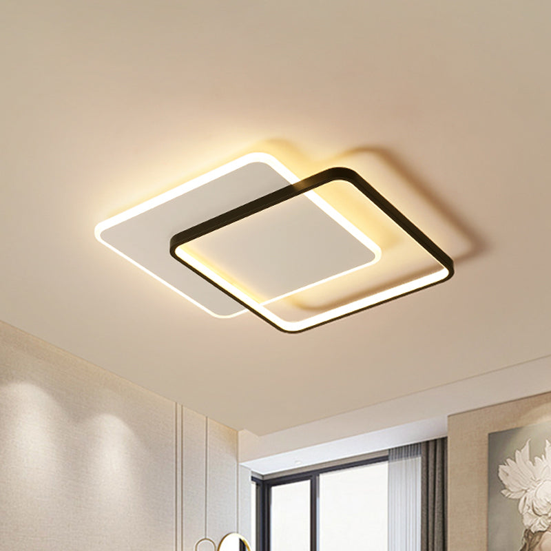 Minimalist Double-Square/Round Flushmount Led Bedroom Ceiling Light In Black With Warm/White