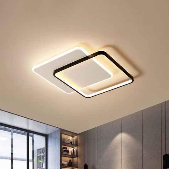 Minimalist Double-Square/Round Flushmount Led Bedroom Ceiling Light In Black With Warm/White