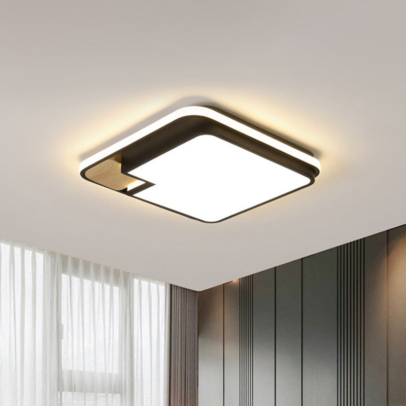 Modern Black and Wood LED Ceiling Light: Acrylic Rectangular/Square Flushmount with Cut Corner and White/3 Color Light