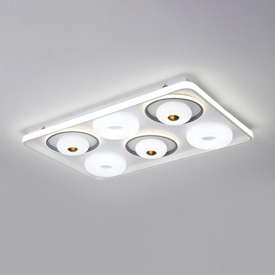 Modern Led Square/Rectangle Flush Mount Ceiling Lamp With Acrylic White Finish And Donut Design