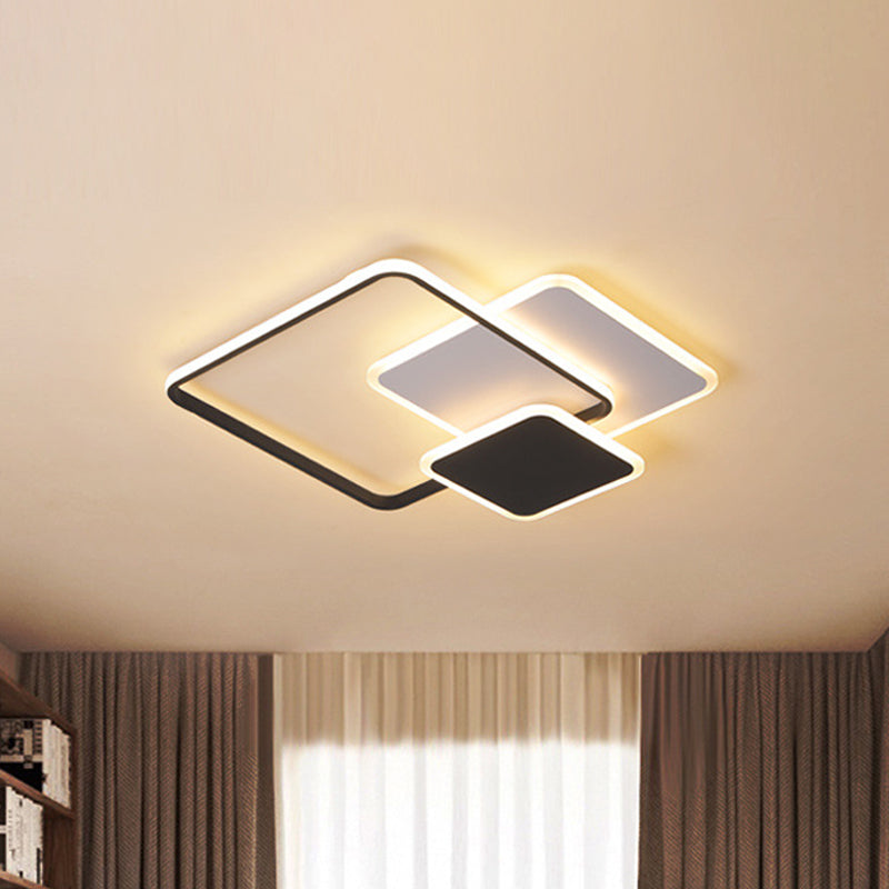 Contemporary 3-Layer Square Acrylic Flushmount LED Ceiling Light in Black/White, 19.5"/23.5" Wide