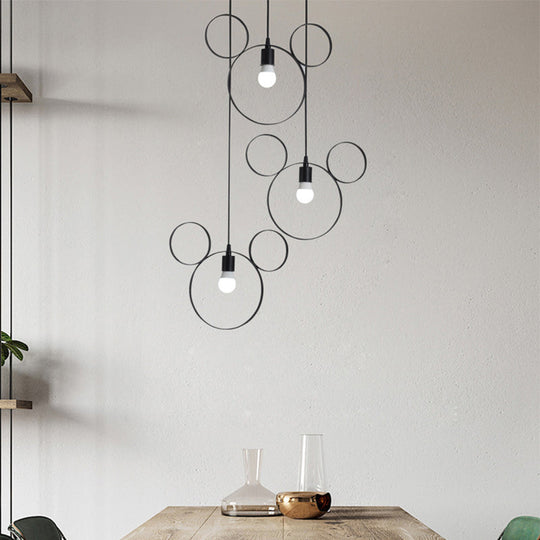 Wrought Iron Bear Pendant Light - Modern Style 3-Light Hanging Lamp In Black / Round