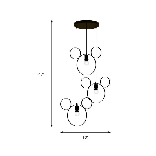 Wrought Iron Bear Pendant Light - Modern Style 3-Light Hanging Lamp In Black