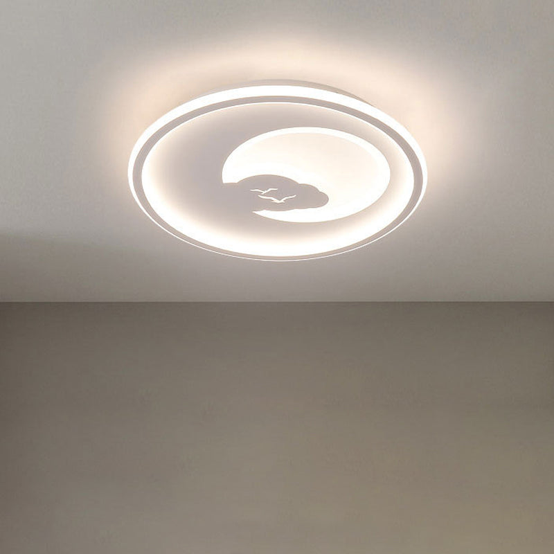 Modern Led Acrylic Flush Mount Light - Pink/White Circle Design 16/19.5 Dia Moon And Bird Pattern