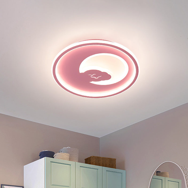 Modern LED Acrylic Flush Mount Light - Pink/White Circle Design - 16"/19.5" Dia - Moon and Bird Pattern - Warm/White Light