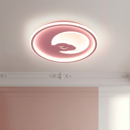 Modern Led Acrylic Flush Mount Light - Pink/White Circle Design 16/19.5 Dia Moon And Bird Pattern